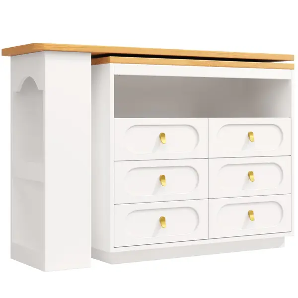 Masă de bar extensibilă cu rotire 360°, 6 sertare și raft lateral pentru gustări, 137-203x39x90 cm, Alb