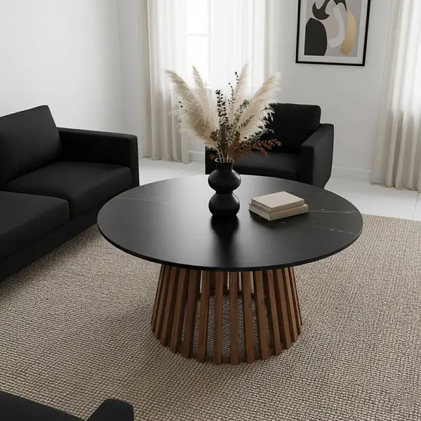 Masa de cafea cu blat negru din marmura Mable, Lemn masiv acacia, 100x45 cm