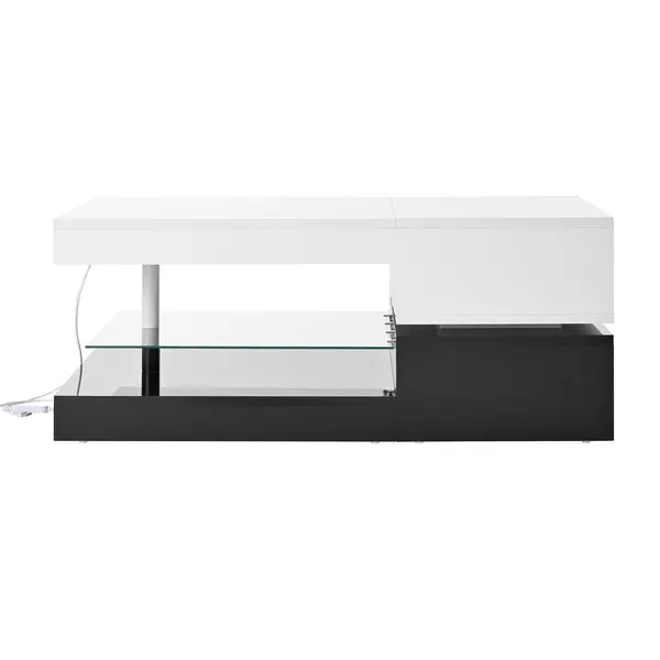 Masă de cafea cu iluminare ambientală LED, poliță din sticlă & finisaj lucios, 90x45x35,5 cm, Alb+Negru