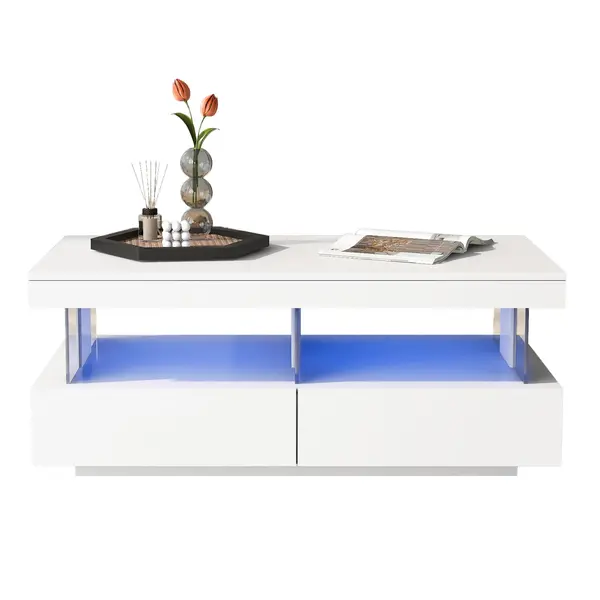 Masă de cafea modernă cu finisaj lucios, iluminare LED, 2 sertare, 100x60x49,5 cm, Alb