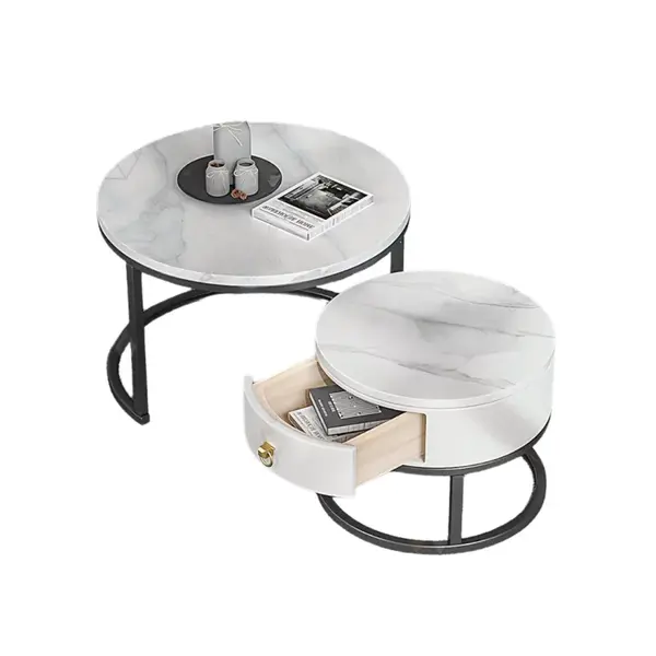 Masă de cafea nesting formată din 2 elemente &ndash; Design elegant din MDF și metal, soluție practică pentru economisirea spațiului