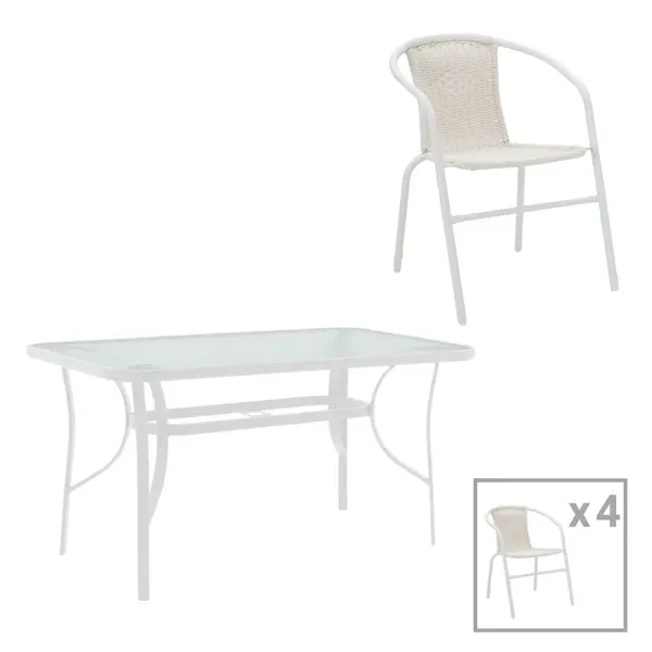 Masa de dining cu scaune set 5 piese Obbi-Ensure, metal-Sticla, Alb, 120x70x70 cm