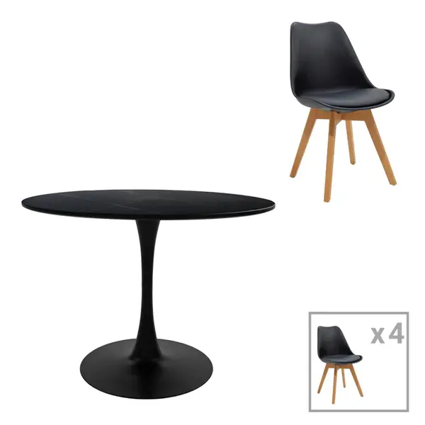 Masa de dining Gaston-Balou I set de 5 -mdf, neagra-Natural, D120x75 cm