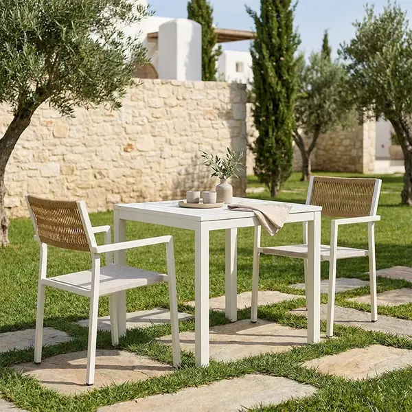 Masa de dining Savor-Kliton, set din 3 bucati, Pakoworld, alb, aluminiu si ratan in culoarea naturala, 80x80x74 cm. Masă de dining Savor-Kliton, set din 3 bucăți, Pakoworld, alb, aluminiu și ratan în culoarea naturală, 80x80x74 cm.