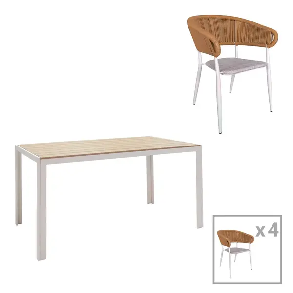 Masa de luat masa Nares-Raven Un set de 5 pachete aluminiu alb si placaj in ton natural 140x80x72,5 cm Masă de dining Nares-Raven Set din 5 pachete, alb, aluminiu și placaj într-o nuanță naturală, 140x80x72.5 cm.