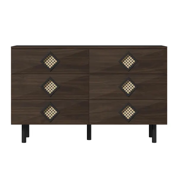 Masă de machiaj cu 6 sertare, mânere din ratan, spațiu mare de depozitare, pentru dormitor și living, 120x40x74,5 cm, Culoare naturală