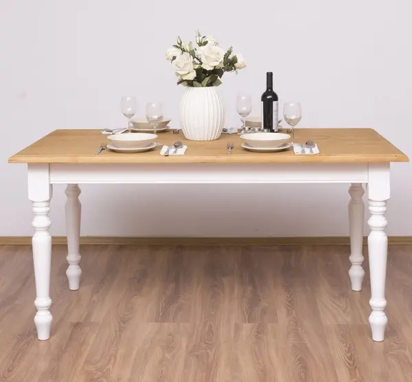 Masa de sufragerie cu picioare strunjite 160x90cm cu finisaj White/Light Walnut Waxed