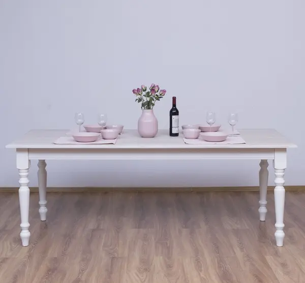 Masa de sufragerie cu picioare strunjite 180x90cm, blat stejar cu finisaj Signal White/Stone Grey