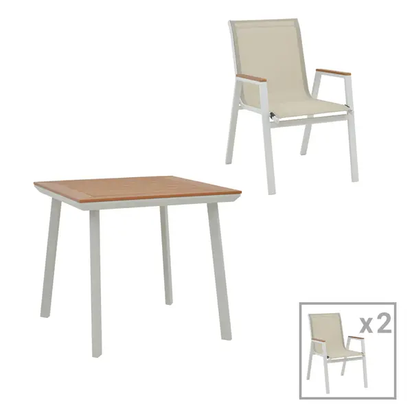 Masa de sufragerie Synergy-Azelie set 3 alb aluminiu si placaj, Natural, 80x80x74 cm
