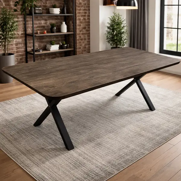 Masa dining Cabo X din stejar masiv 240x100 cm, blat 40 mm, picioare metalice in X