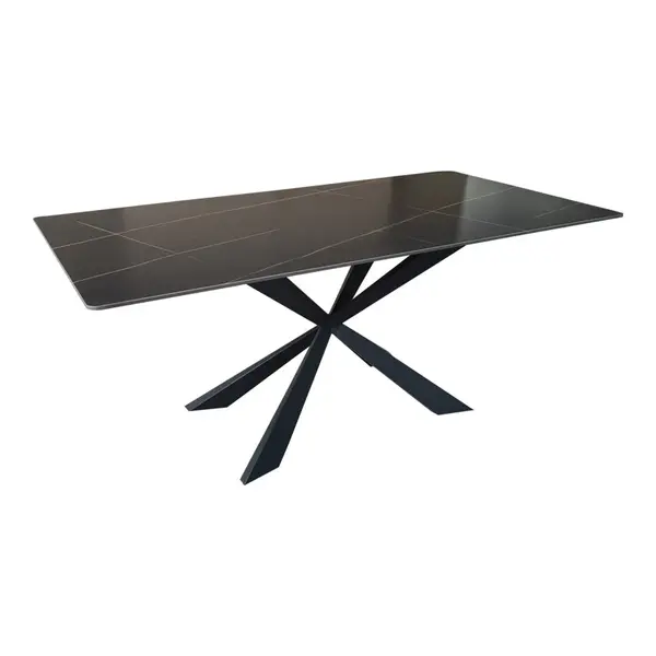 Masa dining cu blat din piatra sinterizata model Mattias, structura metalica, neagra, 180x90x75 cm