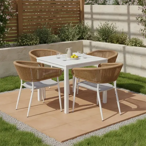 Masa dining Kliton - Set Raven din aluminiu Pakoworld, nuanta alba, 80x80x74 cm. Masă dining Kliton - Set Raven din aluminiu Pakoworld, nuanță albă, 80x80x74 cm.