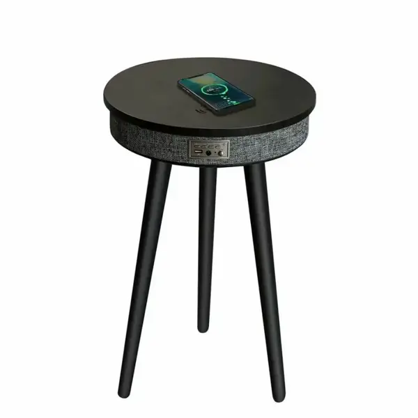 Masă inteligentă cu Bluetooth 5.0, sistem audio 20W și &icirc;ncărcare wireless &ndash; Neagra, design modern cu MDF și lemn de stejar