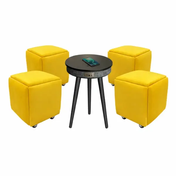 Masă inteligentă cu Bluetooth 5.0, sistem audio 20W și &icirc;ncărcare wireless &ndash; Neagra, design modern cu MDF și lemn de stejar si Taburet multifuncțional 5 &icirc;n 1 din catifea-culoare galben