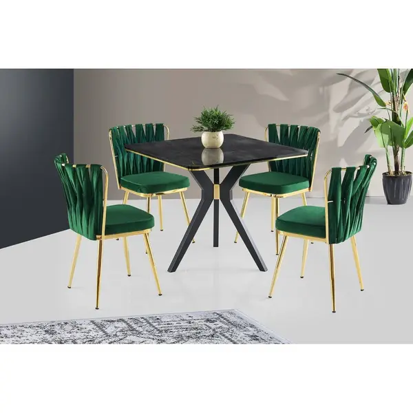 Masă Kare Ares Dining Table, Metalic, Auriu - Negru - Alb, 87x75x87 cm