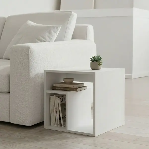 Masă laterală dublă cu funcție de depozitare, Stil Modern, Material: Lemn, Dimensiuni: , Culoare: Alb, 40x35x40 cm