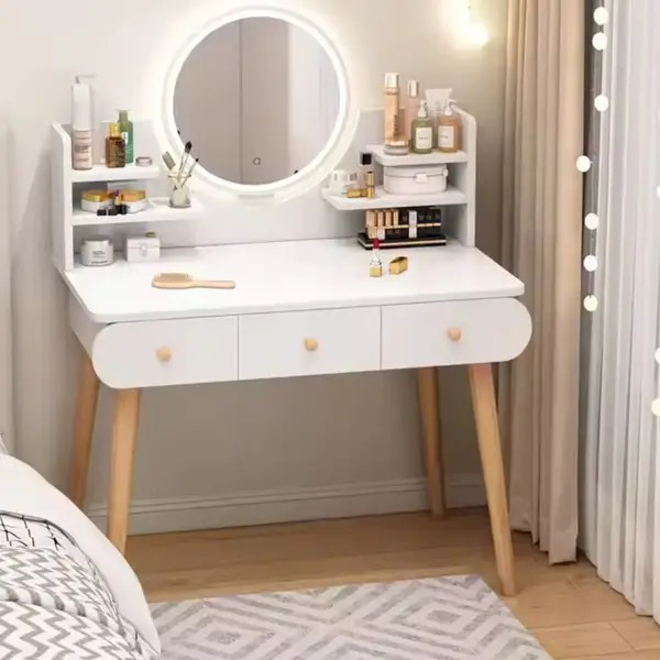 Masa toaletă cu oglindă LED tactilă, cu rafturi și sertare – MDF + lemn masiv, alb/gri, 100x120x40 cm