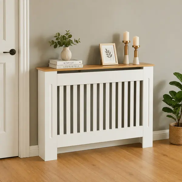Mască calorifer ECO L 132 cm, MDF cu lamele verticale – Alb lucios / Stejar - Default Title
