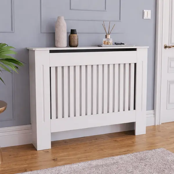 Mască calorifer M 112 cm, MDF cu lamele verticale – Alb lucios - Default Title
