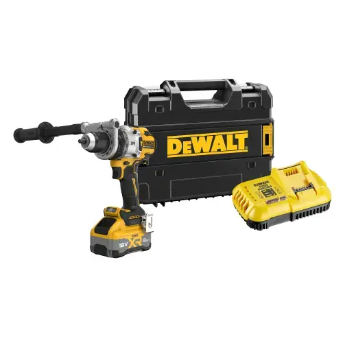 Masina compacta de gaurit si insurubat (bormasina) pe acumulator cu percutie DeWALT DCD1007WW1T, 18V, motor fara perii, iluminare LED, 1x acumulator 8 Ah Li-Ion, sistem anti-rotatie, cuplu 169 Nm, 2250 RPM, 38.250 percutii/min, cutie TSTAK, incarcator
