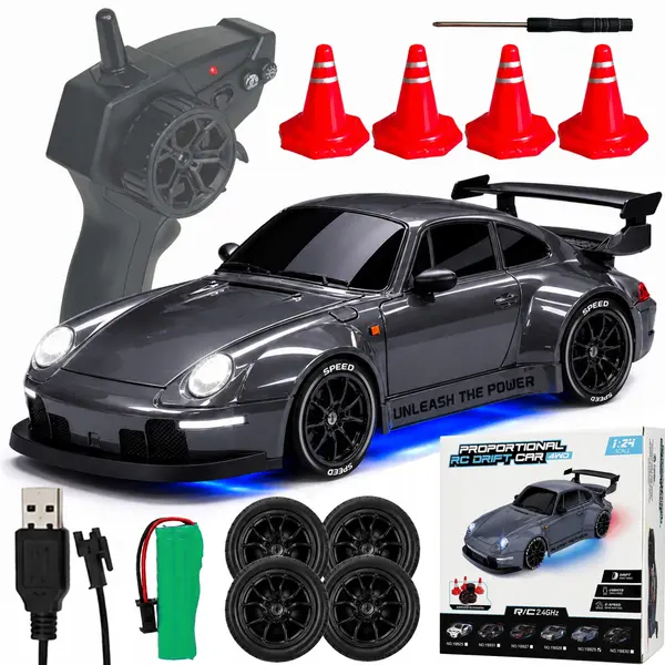 Masina cu Telecomanda NewEvo 1:24, 2.4GHz, 20 km h, Tractiune Integrala, 2 Seturi Anvelope Speed Drift, Obstacole Incluse, Baterie Reincarcabila, RC