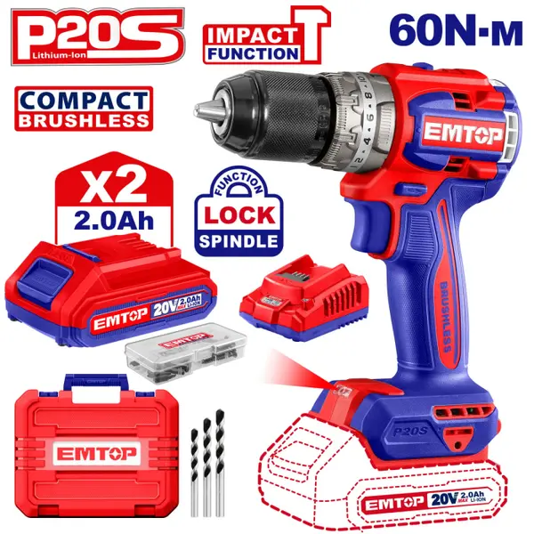 Masina de gaurit cu impact cu 2 acumulatori, 60Nm, motor fara perii, compacta - ECiDL20602, EMTOP