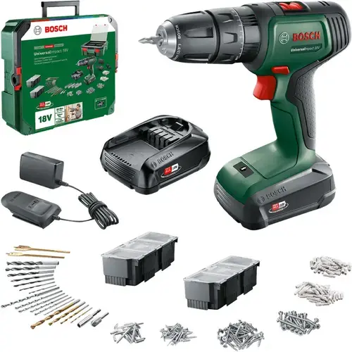 Masina de gaurit si insurubat (bormasina) cu percutie pe acumulator Bosch Universal Impact 18, 18 V, 2 trepte de putere, 1450 RPM, 2 acumulatori, incarcator, 241 de accesorii, valiza profesionala