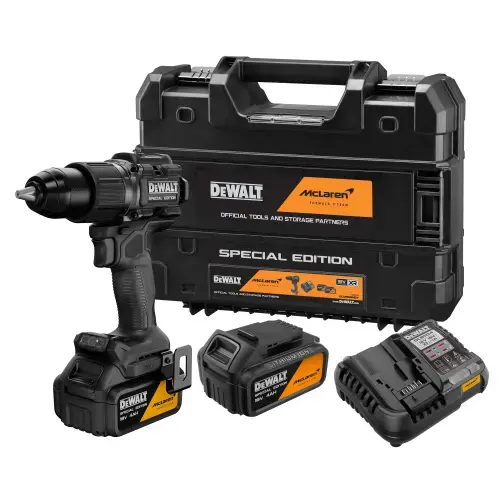 Masina de gaurit si insurubat (bormasina) pe acumulator cu percutie DeWALT DCD86MM2T, editie speciala McLaren, 18V XR, 2x acumulator Li-Ion 4 Ah, motor fara perii, iluminare LED, sistem anti-rotatie, cuplu 90 Nm, 0-2000 RPM, cutie transport TSTAK