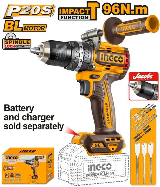 Masina de Gaurit si Insurubat cu Impact 20V INGCO CIDLI209685, 96Nm, brushless, 2 viteze 0-550/2100 rpm, 31500 bpm, mandrina metalica 13 mm, fara acumulator si incarcator