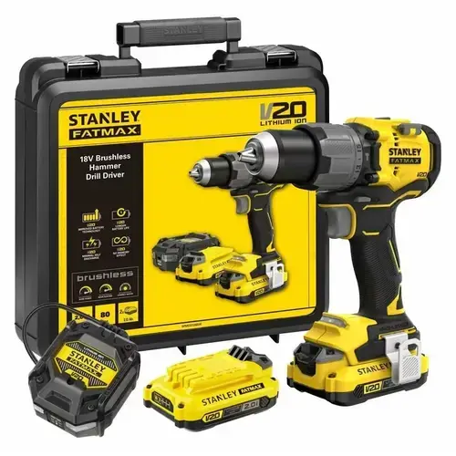 Masina de gaurit si insurubat cu percutie cu acumulator 18V Stanley SFMCD726D2K-QW, motor fara perii, mandrina metalica, iluminare LED, 80nM, 2 x acumulator 2.0 Ah, incarcator si valiza transport