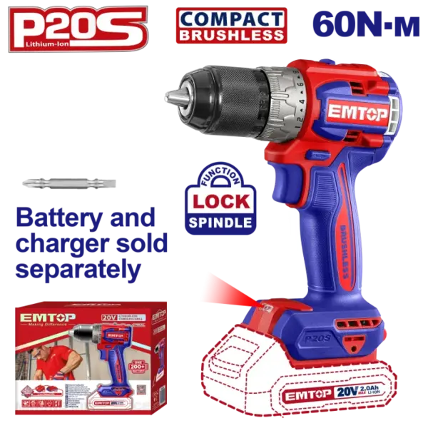 Masina de gaurit si insurubat fara incarcator si acumulator, motor fara perii (brushless), 60Nm, 1 2 - ECDL206021, EMTOP