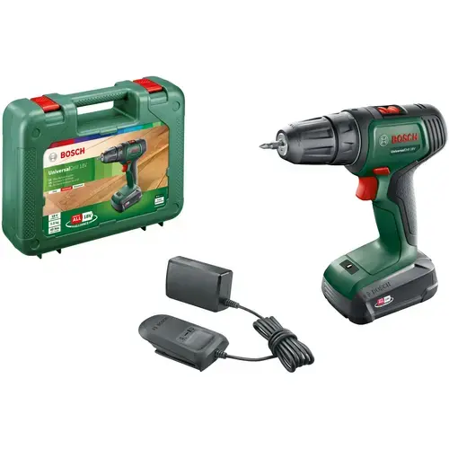 Masina de gaurit si insurubat pe acumulator Bosch UniversalDrill 06039D4001, 18 V, 1.5 Ah, 1450 RPM, 23/32 Nm, 30 mm diametru maxim gaurire, acumulator, incarcator, cap surubelnita dublu, valiza profesionala