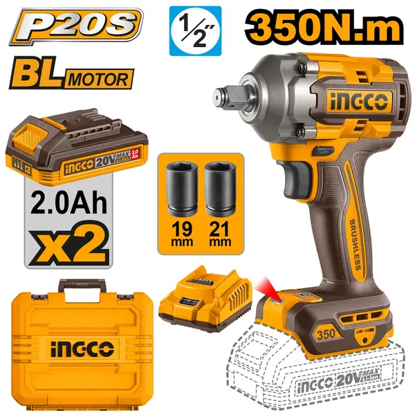 Masina de insurubat pistol cu impact, 350nm, 1/2 cap, 2 acumulator, trepte reglabile, valiza transport INGCO CIWLI2035