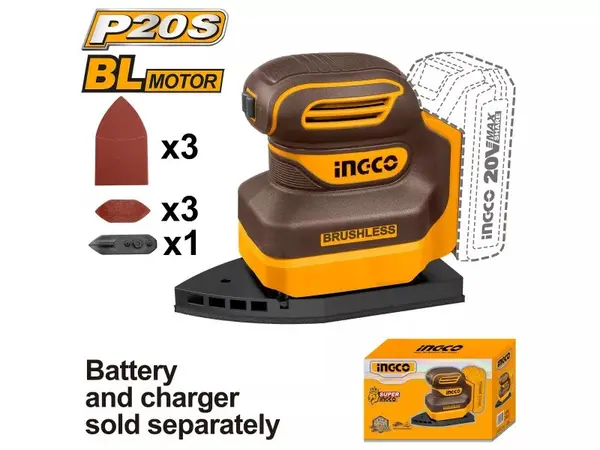 Masina de slefuit INGCO CPSLI2024, 20V, 12000 RPM, alimentare acumulator, pad pentru degete, hartii abrazive incluse, fara acumulator si incarcator