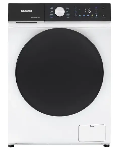Masina de spalat rufe Daewoo DWD-CS8014, 8 kg, Motor inverter, 1400 rpm, Clasa A-30%, 16 programe, Butoane touch, Panou de control negru cu pictograme colorate, usa dubla neagra (PC Cover) (Alb)