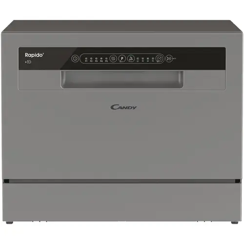 Masina de spalat vase compacta Candy Rapido CP 6E51LS, 6 seturi, 5 programe, Clasa E, Pornire intarziata, Program scurt 35', 55 cm (Argintiu)