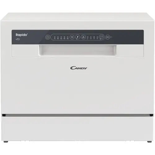 Masina de spalat vase compacta Candy Rapido CP 6E51LW, 6 seturi, 5 programe, Clasa E, Pornire intarziata, Program scurt 35', 55 cm (Alb)