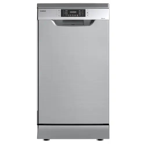 Masina de spalat vase Samus SDX410.8, 10 seturi, Latime 45 cm, 8 Programe, Clasa energetica E, Afisaj electronic, Pornire intarziata (Inox/Argintiu)