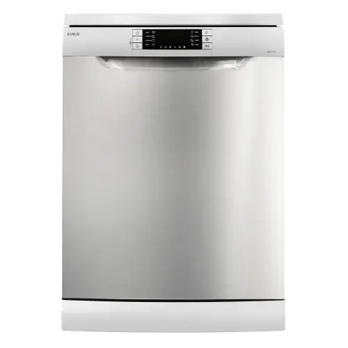 Masina de spalat vase Samus SDX614.8, 14 seturi, Latime 60 cm, 8 programe, Clasa energetica E, Afisaj electronic, Pornire intarziata (Inox/Argintiu)