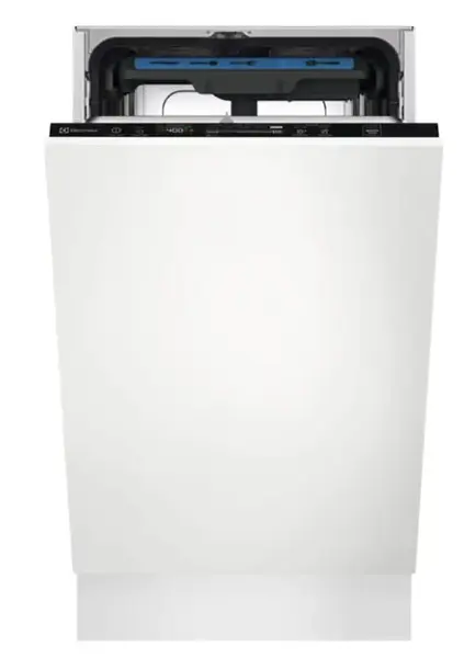 Masina de spalat vase slim incorporabila Electrolux EEM43211L, 10 seturi, 8 programe, AirDry, QuickSelect, Usa slide, Motor inverter, SatelliteClean, Afisaj digital, Indicator luminos pe podea, Clasa E, 45 cm (Alb)