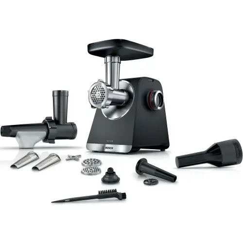 Masina de tocat Bosch MFWS650B, 2100W, 3.5kg/ min, 3 site, accesoriu suc de rosii, palnie carnati, accesoriu pt kebbe, cutit cu 2 taisuri (Argintiu)