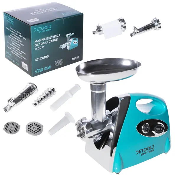 Masina de Tocat Carne Electrica, 1400W, 100 kg/h, cu Accesorii Carnati si Rosii, Detoolz DZ-CB100