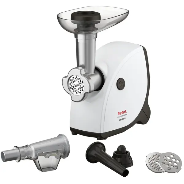 Masina de tocat carne Tefal HV4 6 in 1 NE463138, 2000 W, 2.3kg / min, 3 site de tocat, accesoriu carnati, kebbe, suc de rosii, maner incorporat, alb