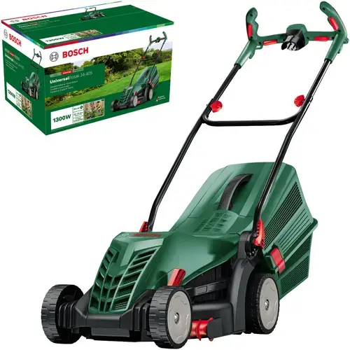 Masina de tuns iarba electrica Bosch UniversalRotak 34-405, latime taiere 34 cm, 5 trepte de taiere, 40 L (Verde/Negru)