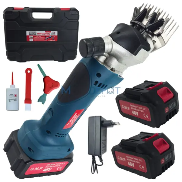 Masina de tuns oi pe acumulator CMP, 48V, 1000W, 2 acumulatori, lame otel premium, Accesorii incluse, Geanta de transport