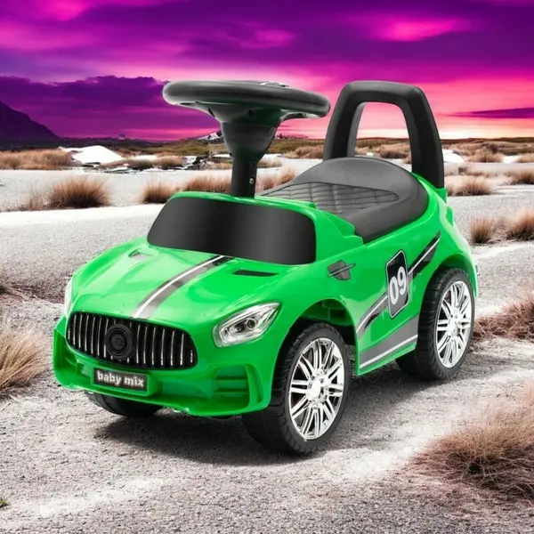 Masinuta de impins Baby Mix Racer Green cu sunete, suport jucarii sub sezut si spatar confortabil, 12 luni+, greutate admisa 25 km