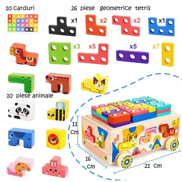 Mașinuță Educațională din Lemn 5-în-1 – Puzzle Tetris, Sortator Forme și Animale, Jenga, Stivuire - Default Title
