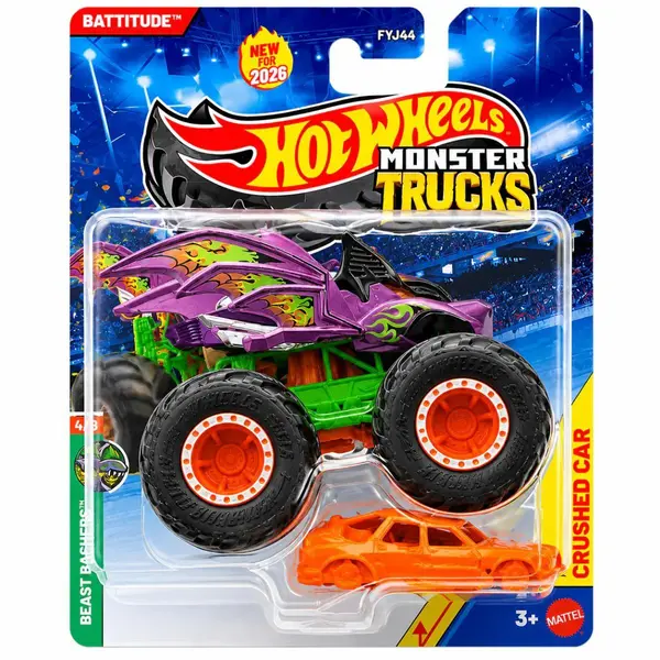 Masinuta Hot Wheels, Monster Truck, Crushed Car, Battitude 2026, JHY44