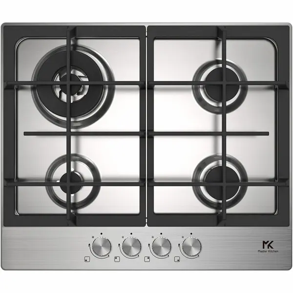 Master Kitchen Plita incorporabila Master Kitchen MKHG 6031ED-TCXS, Gaz, 4 arzatoare, Gratare fonta, Arzator wok, Aprindere electrica integrata, Sistem siguranta, 60 cm, Inox