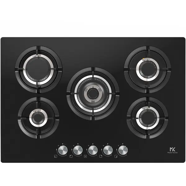 Master Kitchen Plita incorporabila Master Kitchen MKHG 7541EDS-FTCBK, Gaz, 5 arzatoare, Gratare fonta, Arzator coroana tripla, Aprindere electica integrata, Sistem siguranta, 75 cm, Sticla neagra